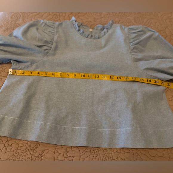 Light Pastel Blue Green Ruffled Puff Sleeve Babydoll Crop Top, M - Picture 8 of 9